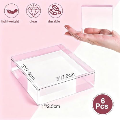 Hacaroa 6 Pieces Acrylic Square Display Block, 3 x 3 x 1 Inches Clear Polished Acrylic Cube Risers, Solid Jewelry Display Pedestal Stand Showcase Holder Base for Ring, Perfume, Photography Props