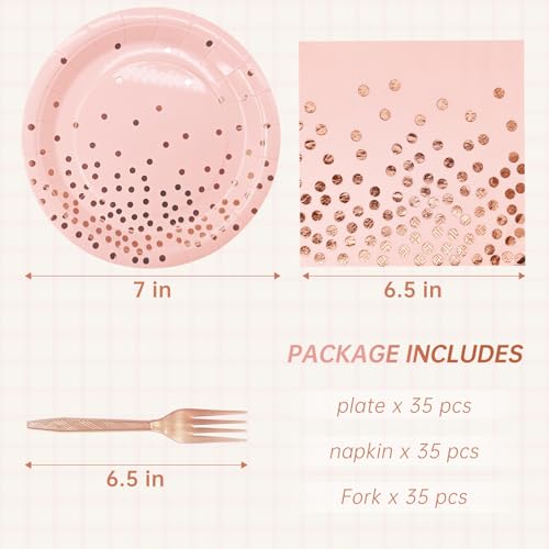 Serve 35 Guests Pink and Rose Gold Plates and Napkins Party Supplies,7 Inch Happy Birthday Pink Paper Plates Disposable for Bridal Showers Birthday Wedding - color: Pink Rose Gold Dot Paper Plate