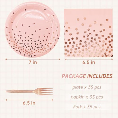 Serve 35 Guests Pink and Rose Gold Plates and Napkins Party Supplies,7 Inch Happy Birthday Pink Paper Plates Disposable for Bridal Showers Birthday Wedding - color: Pink Rose Gold Dot Paper Plate