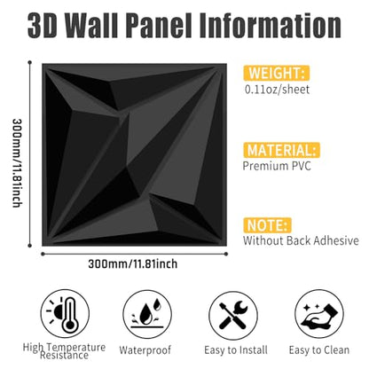 Decorative 3D Wall Panels, 33 Pack Textured PVC Tiles 12x12 Inch, Black - Covers 33 Sq Ft, Modern Wall Art for TV Wall & Game Room, Waterproof & Cuttable (Glue Required)
