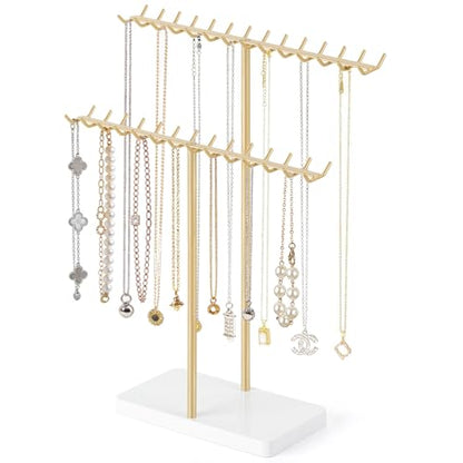 Mkono Necklace Holder Organizer Metal Jewelry Display Stand 2 Tier Bracelet Hanger Gold Tree Tower Rack for Storage Bangles and Earrings Gift for Women Bedroom Dressing Table Decor
