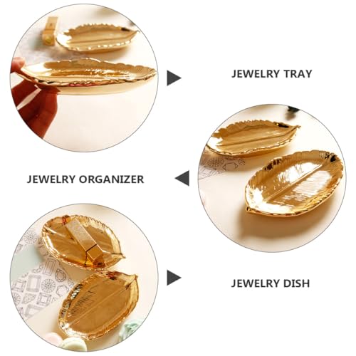 KESYOO Ceramic Jewelry Tray Gold Leaf Trinket Dish Ring Holder Plate Jewelry Organizer Decorative Display for Women Vanity Table and Photo Props