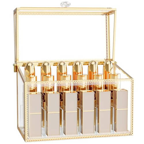 CoralHouse Lipstick Organizer,Luxury Tempered Glass Lipstick Holder & Nail Polish Organizer, 18-Slot Vanity Cosmetic Organizer with Removable Dividers, Gold - color: Gold