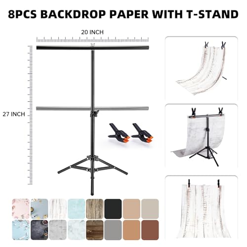 8PCS 16 Patterns Backdrop Papers with T-Stand, 22x34 Inch Double Sided Waterproof Dustproof Photography Backgrounds Paper,Clear and Realistic Picture Quality for Food, Jewelry Photo Shooting - color: T+8P