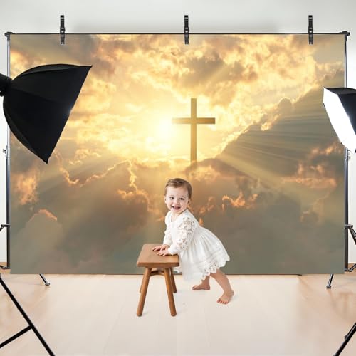 5x7ft Photography Backdrop Christian Cross Appears Bright Gold Sky Photo Backdrop Photography Background for Photoshoot Portrait Video Party Photo Studio Prop Booth - color: Color1