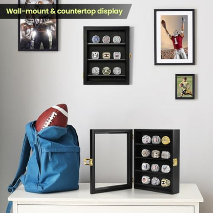 TJ.MOREE Championship Ring Display Case, 12 Ring Posts Baseball Ring Display Case, 8 x 10 Wall Mount Wooden Glass Shadow Box - Black - color: 12 Posts-black-rectangle