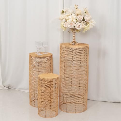 Efavormart Set of 3 Luminous Woven Rattan Pedestal Stands with Plug-in Lights, Wave Patterned Wicker Floor Lamps for Ambient Event Staging and Display - size: Woven Rattan Set
