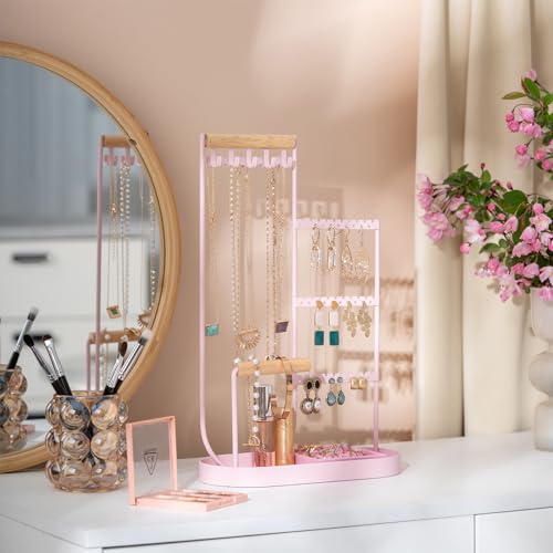 ProCase Jewelry Organizer Tower, 10 Hooks Jewelry Storage Rack Tree Holder Stand with Velvet Ring Display Tray for Necklaces Bracelets Earrings Rings Watches -Pink - color: Pink
