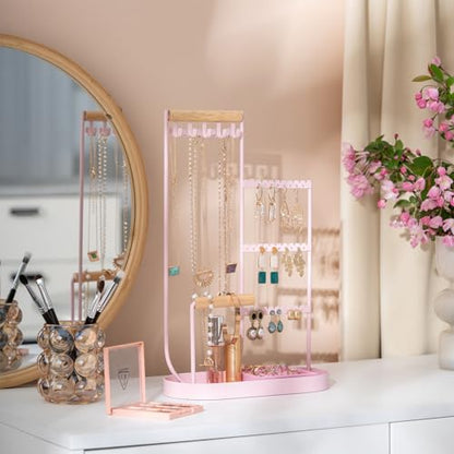 ProCase Jewelry Organizer Tower, 10 Hooks Jewelry Storage Rack Tree Holder Stand with Velvet Ring Display Tray for Necklaces Bracelets Earrings Rings Watches -Pink - color: Pink