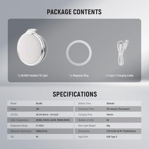 NEEWER Basics Magnetic LED Selfie Light Compatible with MagSafe iPhone, Desk Stand Phone Holder with Makeup Mirror 1160lx/0.2m 900mAh CRI95 Fill Lighting for Video Recording Streaming, White NL48R
