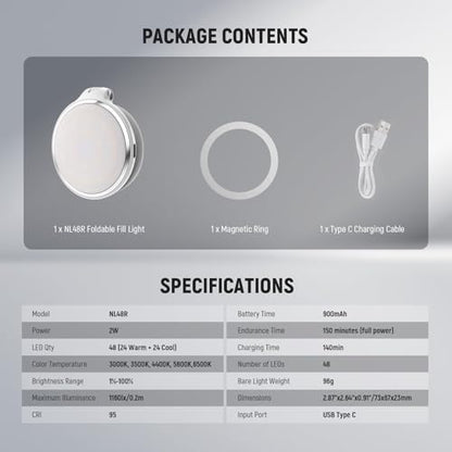 NEEWER Basics Magnetic LED Selfie Light Compatible with MagSafe iPhone, Desk Stand Phone Holder with Makeup Mirror 1160lx/0.2m 900mAh CRI95 Fill Lighting for Video Recording Streaming, White NL48R