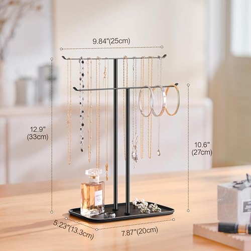 pickpiff Necklace Holder Jewelry Organizer Stand – 2‑Tier T‑Bar Jewelry Display Tree with Tray for Countertop Necklace Bracelet Earring Storage, Vanity Dresser Bathroom Sink, Black - color: Black