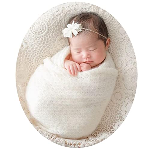 Honra 2Pcs Props for Newborn Photoshoot Mohair Wrap Headband Baby Photo Posing Photography Knit Textured Stretchy (Wrap only, Beige) - color: Beige, size: Wrap only