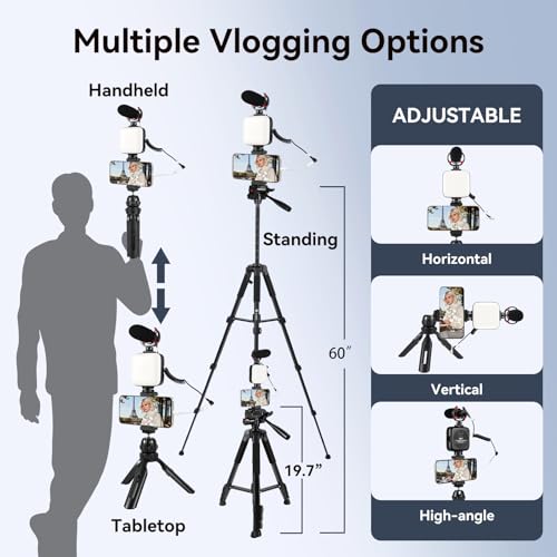 Vlogging Kit for iPhone, Android, YouTube Starter kit Content Creator Equipment with 60'' Extendable Fullsize Tripod, Soft Light and Shotgun Microphone for Vlogging, YouTube, TikTok