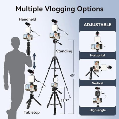 Vlogging Kit for iPhone, Android, YouTube Starter kit Content Creator Equipment with 60'' Extendable Fullsize Tripod, Soft Light and Shotgun Microphone for Vlogging, YouTube, TikTok