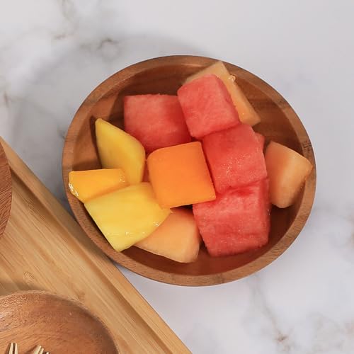 Acacia Wood Serving Bowls, 6 Inch Handcrafted Wooden Individual Bowls Set of 2 for Food/Soup/Salad/Pasta, Use as Snack Holder Plate for Kitchen and Dining - size: D 6.3'' x H 1.6''
