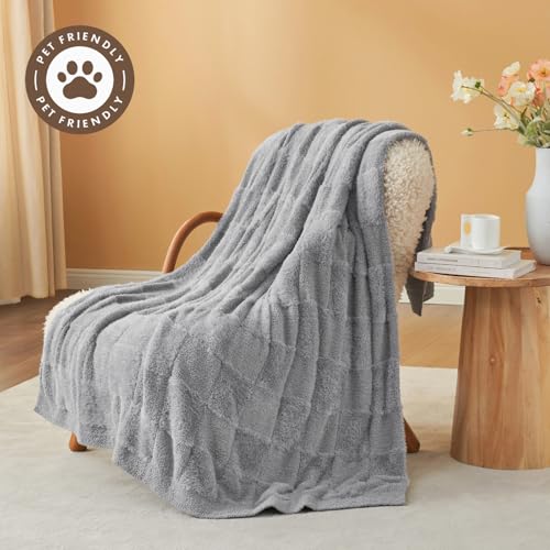 Snuggle Sac Faux Fur Checkered Blanket Twin Size with Soft Knitted Microfiber Fabric,Cozy Soft Warm Blanket for Sofa Bedroom Living Room,Solid Light Grey,60x80 inches - color: Solid Light Grey, size: Twin(60"x80")