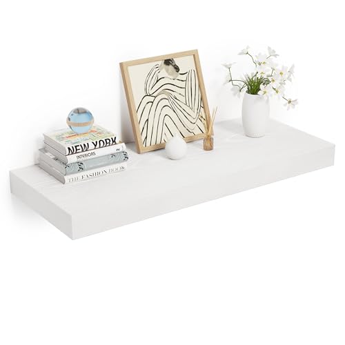 Heimlove 24 x 12 Inch Deep Floating Shelves Wall Mounted with Invisible Brackets,Storage Hanging Shelf for Wall Decor in Bathroom, Bedroom, Toilet, Kitchen, Living Room, Office Set of 1 (White) - color: White, size: 24"W x 12"D x 2"H, Set of 1