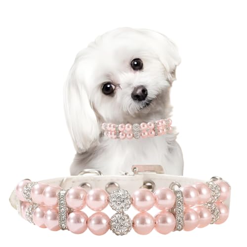 Pink Pearl Collar for Dogs,Bling Small Dog Collars for Female Dogs,Rhinestone Puppy Collar Girl Diamond Pearl Cat Collar for XXS Xs Small Medium Kitten, Xs - color: Pink, size: XS Neck 8-9.4''(Tag S)