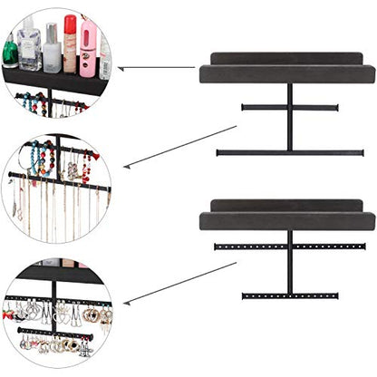 Keebofly Hanging Wall Mounted Jewelry Organizer with Rustic Wood Jewelry Holder Display for Necklaces Bracelet Earrings Ring Set of 2 Black,[Patented] - color: Black