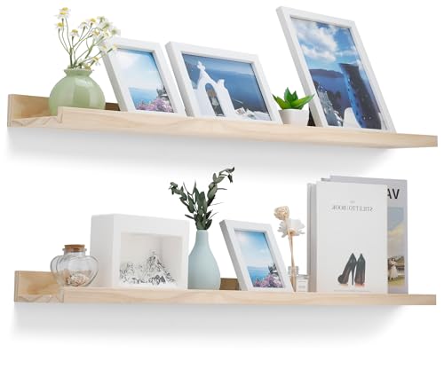 MBYD 48 Inch Natural Pine Wood Floating Shelves for Bedroom, Wide Picture Ledge Set of 2, Wall Mount Unfinished Shelf Can be Painted Nursery Book Shelves for Kids Bedroom Living Room Bathroom Kitchen - color: Natural, size: Set of 2 48in