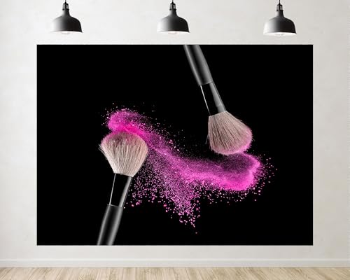 Trykid 8x6ft Makeup Brush Pink Powder Backdrop Black Background Cosmetic Scenery Photography Background Wedding Beauty Party Decoration Tapestry Photo Booth Prop Fabric - size: 8x6ft