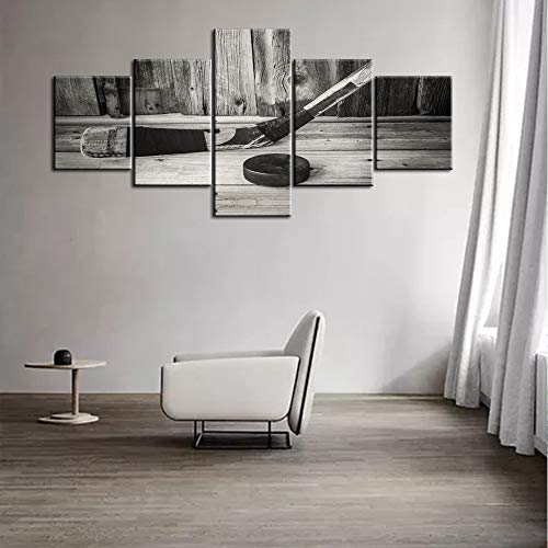 Rustic Hockey Canvas Wall Art for Living Room Old Vintage Hockey Stick and Puck on Wood Texture Background Picture HD Poster Modern House Decoration Artwork Framed Ready to Hang 5 Piece (50''Wx24''H) - color: Artwork-34, size: 50''W x 24''H