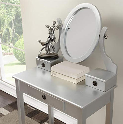 Roundhill Furniture Moniys Wood Moniya Makeup Vanity Table and Stool Set, Silver - color: Silver