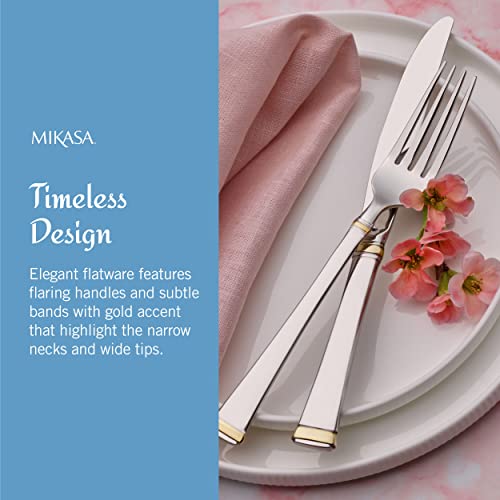 Mikasa Gold Accent Harmony Flatware Set for 12, 65 Piece 18/10 Stainless Steel Silverware with Gold-Trimmed Handles and Serving Utensils, Elegant Dinnerware Service - size: 65 Piece Set, style: Harmony Gold Accent