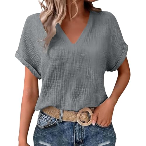 Womens Shirts Cotton Linen v Neck Short Sleeve Blouses Casual Loose Fit Textured Summer Pullovers Daily Wear - color: A03-gray, size: XX-Large
