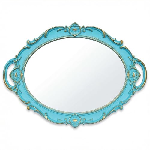 Schones Geschaft Decorative Mirror Tray, Makeup Jewelry Perfume Organizer，Vintage Oval Display and Serving Tray for Bedroom Living-Room Dresser Decor (14.4”x 9.8”) (Blue - Oval) - color: Blue - Oval