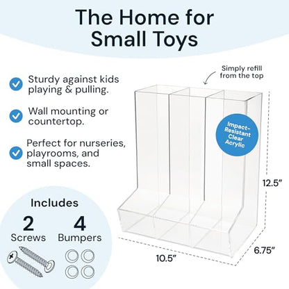 SimplyImagine Triple Acrylic Toy Dispenser for Kids - Self-Serve Snack & Toy Foam Blasters, Car Storage for Wall or Countertop - Clear 3-Compartment Hanging Organizer for Playroom & Nursery - 12.5" H - size: Triple Divided