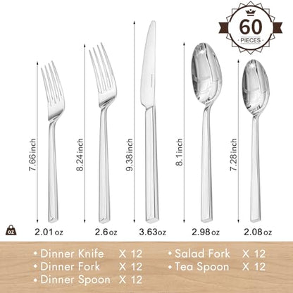 KINGSTONE Silverware Set, 60-Piece Flatware Cutlery Set Premium Stainless Steel, Service for 12, for Kitchen, Home, Wedding, Party, Mirror Polished and Dishwasher Safe - size: 60-piece
