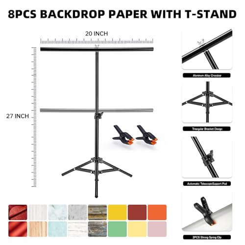 8PCS Flat Lay Backdrop Paper with T-Stand, 22x34 Inch Double Sided Wooden Marble Photography Backgrounds Paper, 8 Packs 16 Pattern Photo Props Rolls for Food Product Tabletop Blog Pictures - color: T1+8P