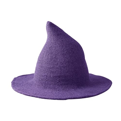 Halloween Witch Hat for Women Wide Brim Foldable Wizard Hat Wool Knit Pointed Cap Cosplay Costume Accessory - color: Purple