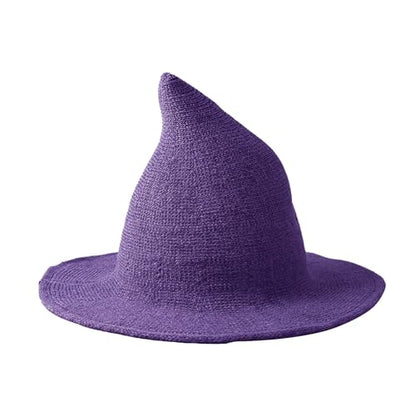 Halloween Witch Hat for Women Wide Brim Foldable Wizard Hat Wool Knit Pointed Cap Cosplay Costume Accessory - color: Purple