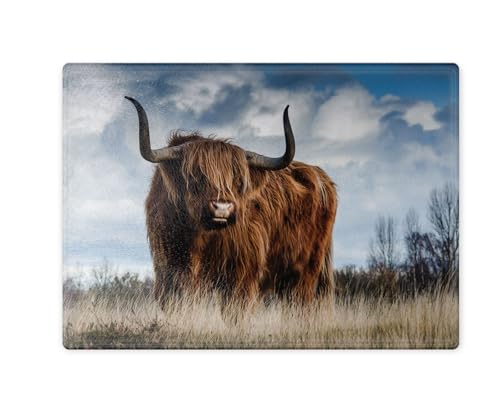 Highland Cow Tempered Glass Cutting Board, Western Kitchen Decor, Traci's Fun Creations (Highland Cow Field)