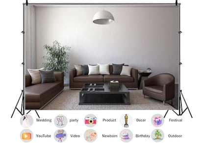 Brown Leather Sofa White Wall Living Room Backdrop Classic Neutral Tone Interior Background Home Decor Theme Party Decorations Wall Hanging Photo Studio Props 9X6ft Fabric - size: 9X6ft