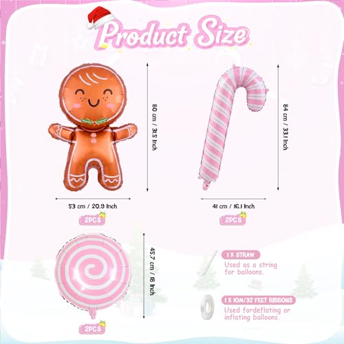 Biapian Christmas Balloons Decorations, Large Gingerbread Man Balloons Foil Pink Candy Cane Balloon Helium for Christmas Baby Shower Holiday Xmas New Year Birthday Party Decorations Supplies - style: Pink Xmas