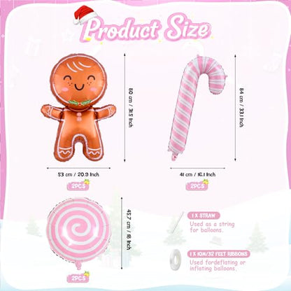 Biapian Christmas Balloons Decorations, Large Gingerbread Man Balloons Foil Pink Candy Cane Balloon Helium for Christmas Baby Shower Holiday Xmas New Year Birthday Party Decorations Supplies - style: Pink Xmas