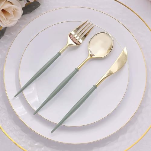 Efavormart 24-Pack 8" Gold and Dusty Sage Disposable Plastic Silverware; Botanical Dual-Tone Heavy-Duty Cutlery for Spring Galas, Garden Weddings and Nature Themes - color: Dusty Sage, size: 8"