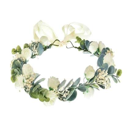 Greenery Leaf Crown Rustic Wedding Headpiece Bridal Headband Photo Prop - color: White Babysbreath