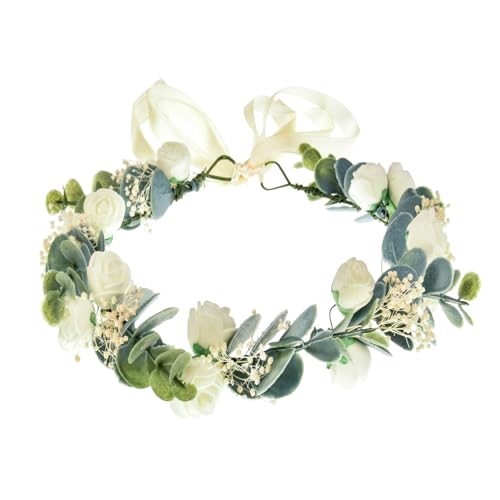 Greenery Leaf Crown Rustic Wedding Headpiece Bridal Headband Photo Prop - color: White Babysbreath