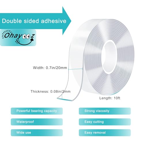 Ohayooz® Extra Strong Double Sided Tape Heavy Duty Removable 10FT, Clear Sticky Nano Adhesive Wall Tape for Hanging Picture, Poster, Carpet, Photo Deco - size: 10 Feet Set of 1