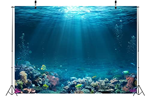 BELECO Underwater World Backdrop 12x8ft Fabric Undersea Backdrop for Photography Under The Sea Tropical Fish and Corral Deep Sea Sunlight Seabed Background Undersea Party Decor Photo Studio Props - size: 12x8FT
