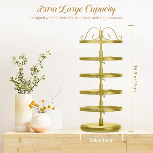 MODOWEY Rotating Earring Holder Organizer Stand, 5 Tier Metal Tree Display for Women Vendors, 220 Holes Adjustable Jewelry rack for Stud Hoop Dangle Storage, Trendy Carousel Keeps Dresser Neat, Gold - color: Gold, size: 5 Tier, 220 Holes