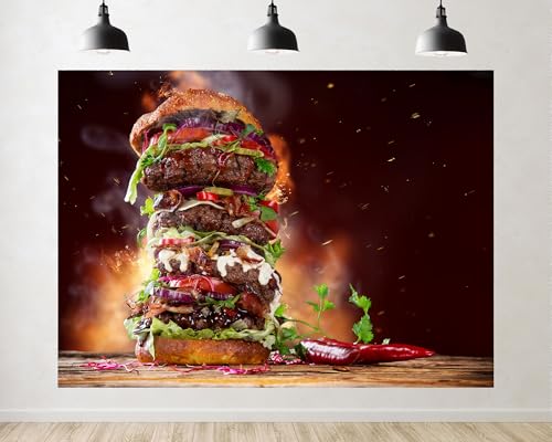 Trykid 5x3ft Giant Stacked Burger Backdrop Spicy Beef Flame Grilled Gourmet Food Scenery Photography Background Culinary Delight Tapestry Party Decoration Photo Booth Prop Fabric - size: 5x3ft