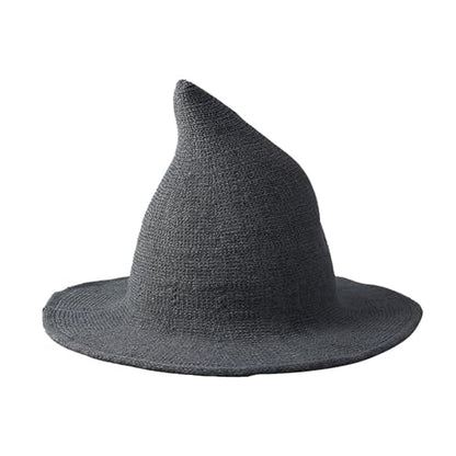 Halloween Witch Hat for Women Wide Brim Foldable Wizard Hat Wool Knit Pointed Cap Cosplay Costume Accessory - color: Dark Grey