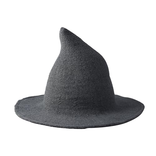 Halloween Witch Hat for Women Wide Brim Foldable Wizard Hat Wool Knit Pointed Cap Cosplay Costume Accessory - color: Dark Grey