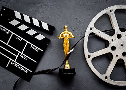 BELECO 15x10ft Fabric Movie Theme Backdrop for Photography Golden Movie Award Statue with Film Reel Video Tape and Clapper Board Background for Movie Night Theme Party Decorations Portrait Photo Props - size: 15x10FT